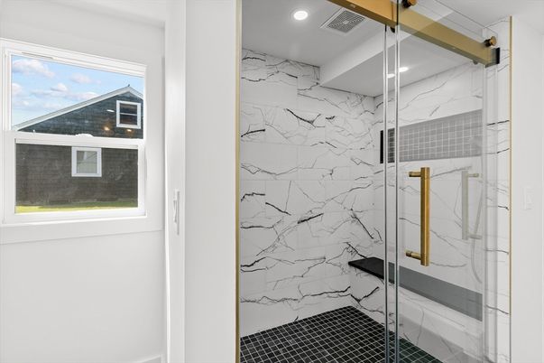 Bathroom, Glass Shower, Interior, Marble Walls, Recessed Lighting