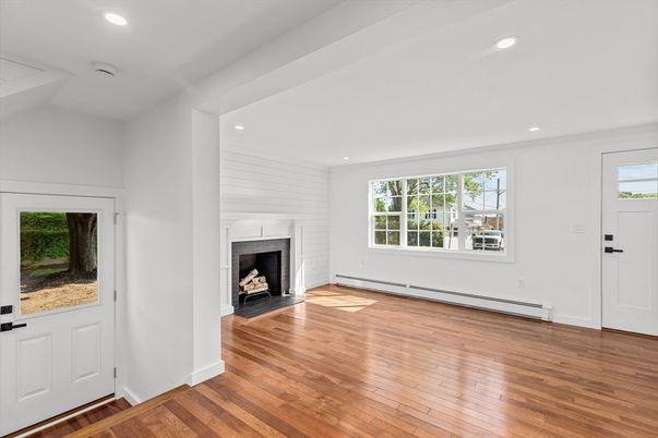 Empty room, Fireplace, Interior, Recessed Lighting, Wood Texture Flooring