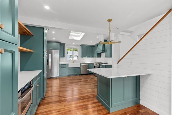 Interior, Kitchen, Pendant Lights, Recessed Lighting, Stainless Steel Appliances, Wood Texture Flooring