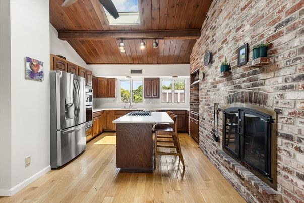 Fireplace, Interior, Kitchen, Stainless Steel Appliances, Stone Walls, Wooden Beams, Wooden Ceilings, Wood Texture Flooring