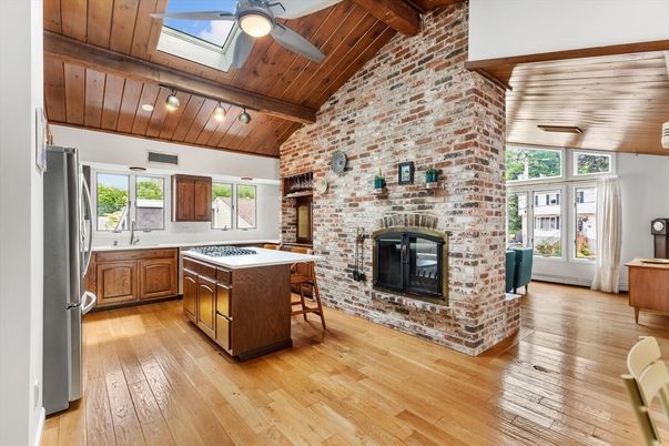 Fireplace, Interior, Kitchen, Stone Walls, Wooden Beams, Wooden Ceilings, Wood Texture Flooring