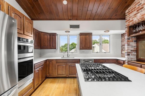 Interior, Kitchen, Stainless Steel Appliances, Stone Walls, Wooden Ceilings, Wood Texture Flooring