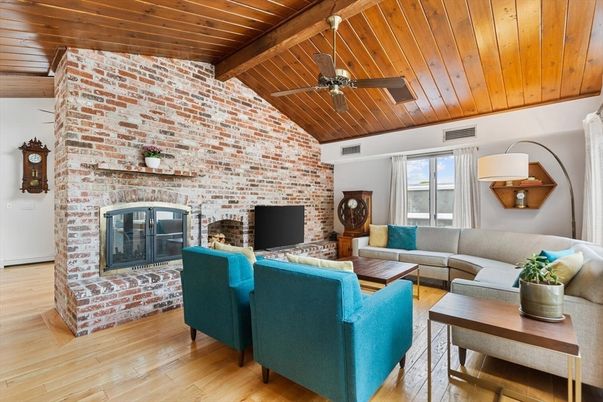 Fireplace, Interior, Living room, Stone Walls, Wooden Beams, Wooden Ceilings, Wood Texture Flooring