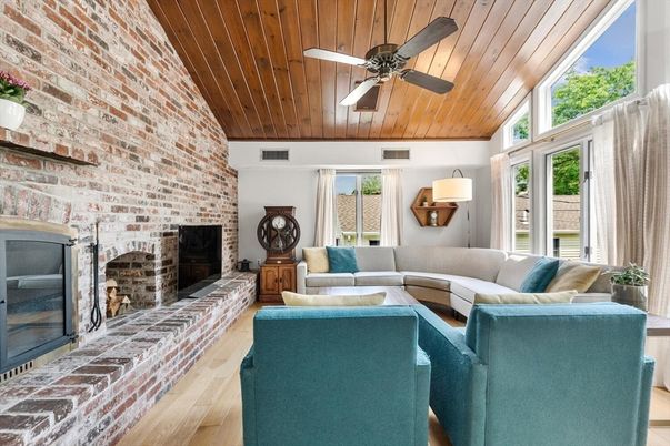 Fireplace, Interior, Living room, Stone Walls, Wooden Ceilings, Wood Texture Flooring