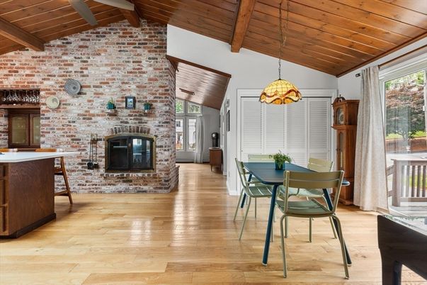 Dining room, Fireplace, Interior, Pendant Lights, Stone Walls, Wooden Beams, Wooden Ceilings, Wood Texture Flooring