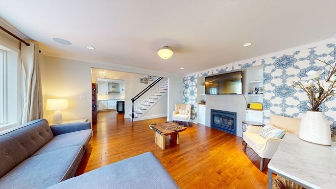 Fireplace, Interior, Living room, Recessed Lighting, Wood Texture Flooring