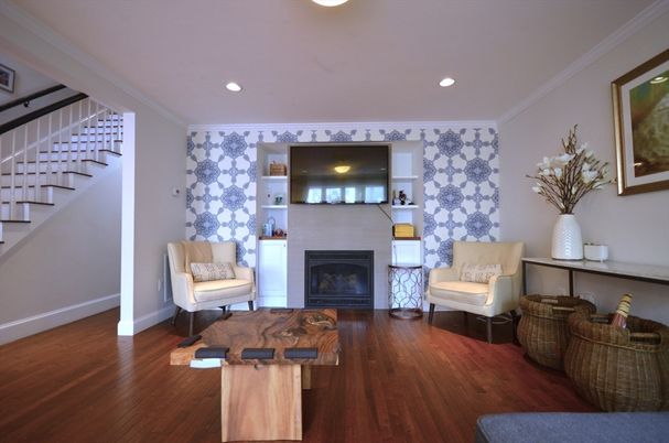 Fireplace, Interior, Recessed Lighting, Wood Texture Flooring