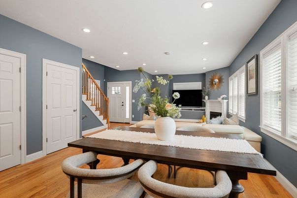 Dining room, Interior, Recessed Lighting, Wood Texture Flooring