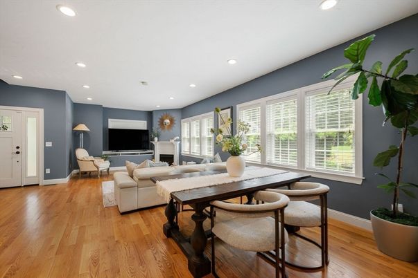 Dining room, Fireplace, Interior, Living room, Recessed Lighting, Wood Texture Flooring