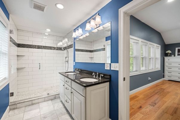 Bathroom, Glass Shower, Interior, Recessed Lighting, Wood Texture Flooring