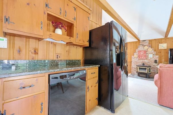 Fireplace, Interior, Kitchen, Stone Walls, Wooden Walls
