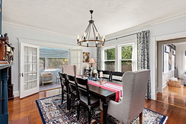 Chandelier, Dining room, Interior, Wood Texture Flooring