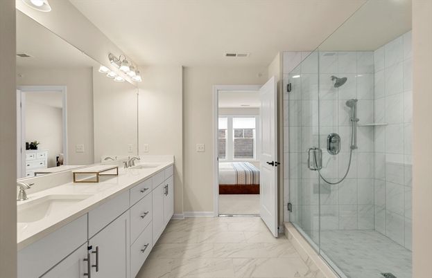 Bathroom, Dual Sink Vanities, Glass Shower, Interior, Marble