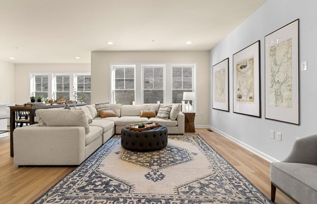 Dining room, Interior, Living room, Recessed Lighting, Wood Texture Flooring
