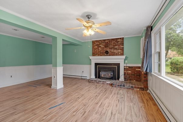 Empty room, Fireplace, Interior, Stone Walls, Wood Texture Flooring