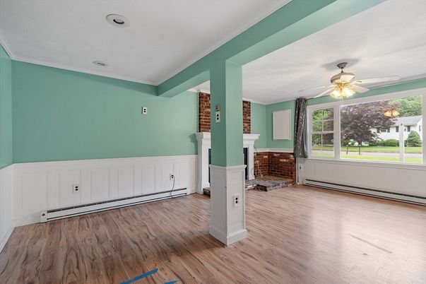 Empty room, Fireplace, Interior, Recessed Lighting, Wood Texture Flooring