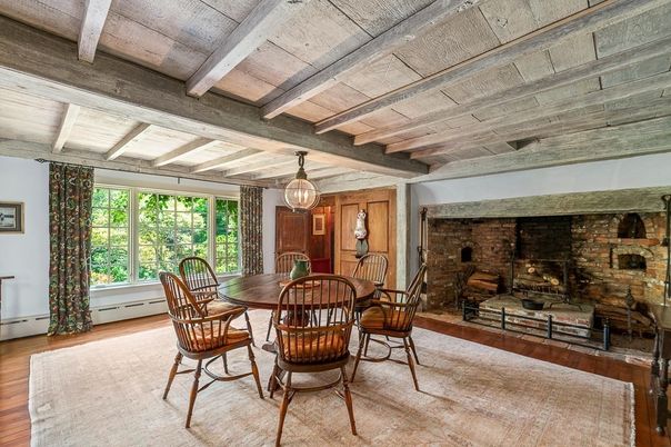 Dining room, Fireplace, Interior, Pendant Lights, Stone Walls, Wooden Beams, Wooden Ceilings, Wood Texture Flooring