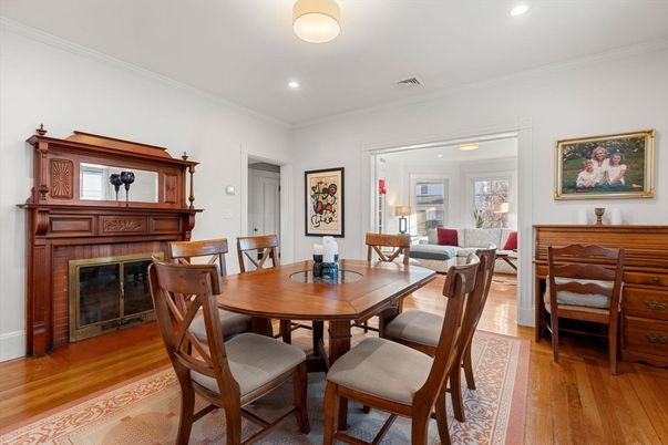 Dining room, Fireplace, Interior, Recessed Lighting, Wood Texture Flooring