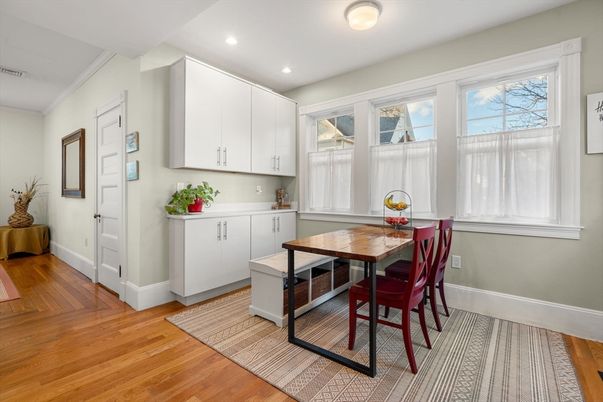 Dining room, Interior, Recessed Lighting, Wood Texture Flooring