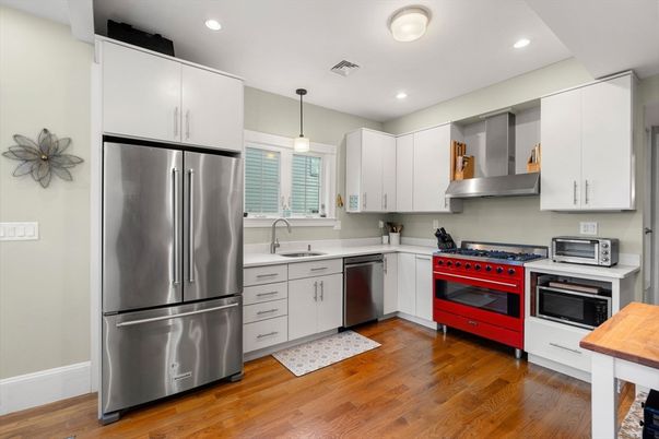 Interior, Kitchen, Pendant Lights, Recessed Lighting, Stainless Steel Appliances, Wood Texture Flooring