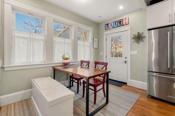 Dining room, Interior, Kitchen, Recessed Lighting, Stainless Steel Appliances, Wood Texture Flooring