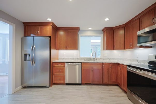 Interior, Kitchen, Recessed Lighting, Stainless Steel Appliances, Wood Texture Flooring