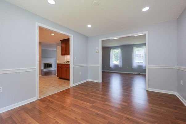 Empty room, Interior, Kitchen, Recessed Lighting, Wood Texture Flooring