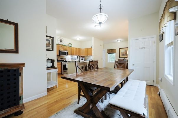 Dining room, Interior, Kitchen, Pendant Lights, Stainless Steel Appliances, Wood Texture Flooring