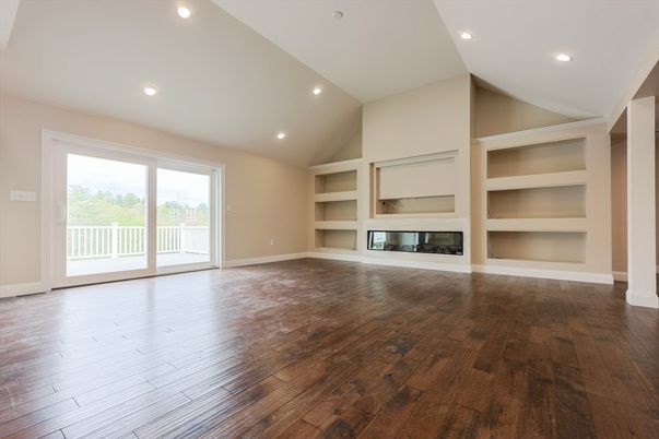 Empty room, Fireplace, Interior, Recessed Lighting, Wood Texture Flooring