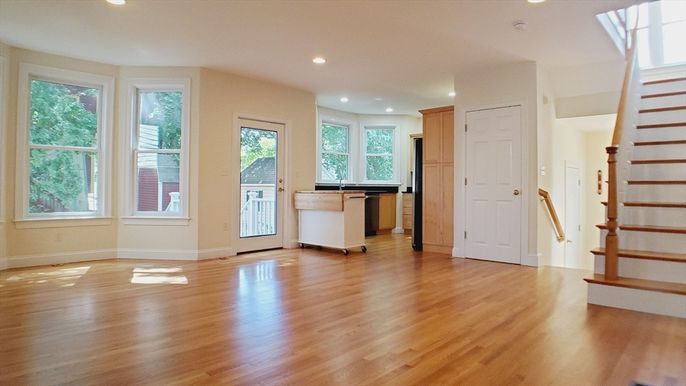 Empty room, Interior, Kitchen, Recessed Lighting, Wood Texture Flooring