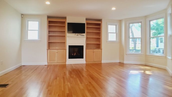 Empty room, Fireplace, Interior, Recessed Lighting, Wood Texture Flooring
