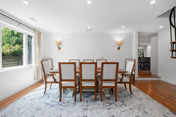 Dining room, Interior, Recessed Lighting, Wood Texture Flooring