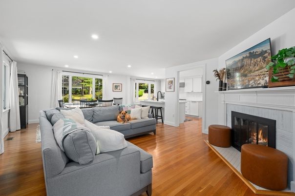 Dining room, Fireplace, Interior, Kitchen, Living room, Recessed Lighting, Wood Texture Flooring