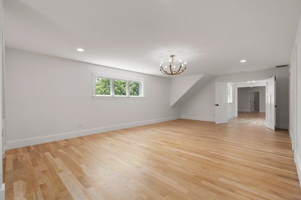Chandelier, Empty room, Interior, Recessed Lighting, Wood Texture Flooring