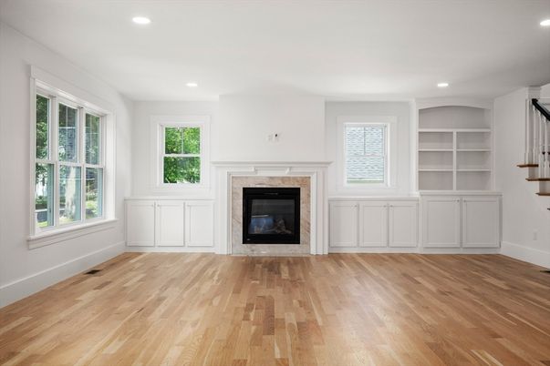 Empty room, Fireplace, Interior, Recessed Lighting, Wood Texture Flooring
