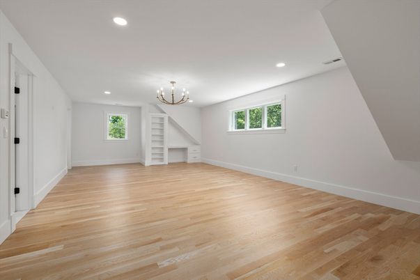 Chandelier, Empty room, Interior, Recessed Lighting, Wood Texture Flooring