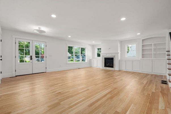 Empty room, Fireplace, Interior, Recessed Lighting, Wood Texture Flooring