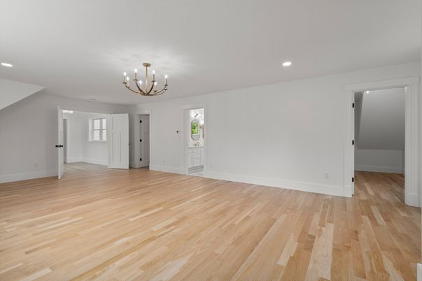 Chandelier, Empty room, Interior, Recessed Lighting, Wood Texture Flooring