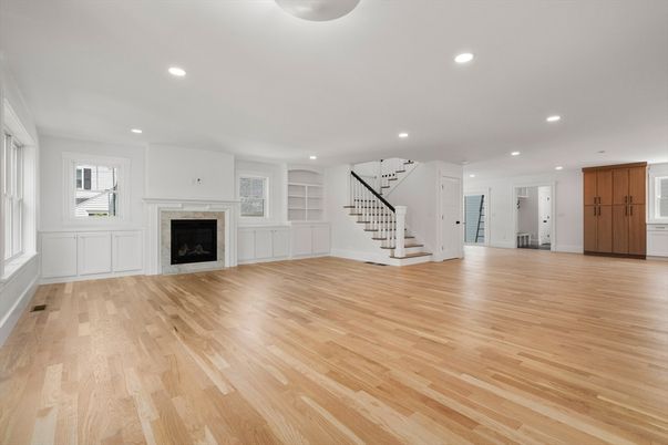 Empty room, Fireplace, Interior, Recessed Lighting, Wood Texture Flooring