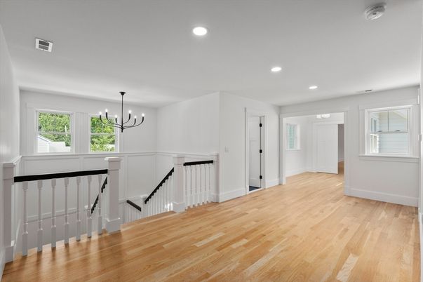 Chandelier, Empty room, Interior, Recessed Lighting, Wood Texture Flooring