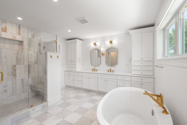 Bathroom, Dual Sink Vanities, Free Standing Baths, Glass Shower, Interior, Marble Walls, Recessed Lighting