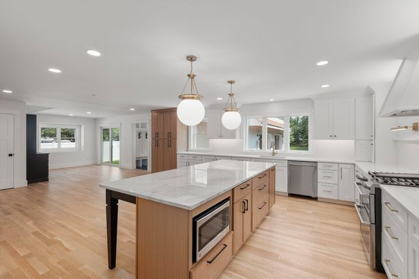 Interior, Kitchen, Pendant Lights, Recessed Lighting, Stainless Steel Appliances, Wood Texture Flooring