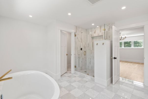 Bathroom, Free Standing Baths, Glass Shower, Interior, Marble, Marble Walls, Recessed Lighting
