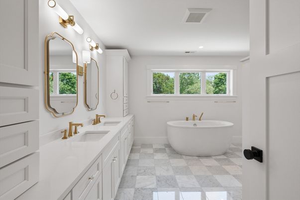 Bathroom, Dual Sink Vanities, Free Standing Baths, Interior, Marble, Recessed Lighting