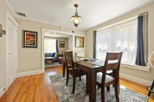Dining room, Interior, Pendant Lights, Wood Texture Flooring