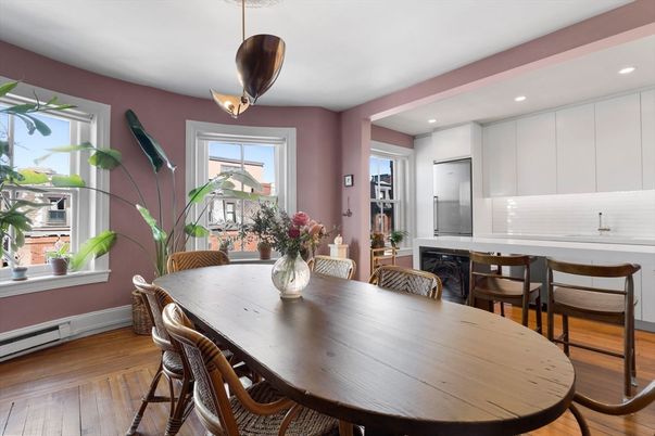 Dining room, Interior, Recessed Lighting, Wood Texture Flooring