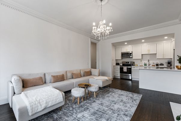 Chandelier, Interior, Kitchen, Living room, Recessed Lighting, Stainless Steel Appliances, Wood Texture Flooring