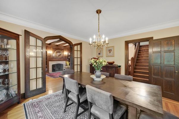Chandelier, Dining room, Fireplace, Interior, Wood Texture Flooring