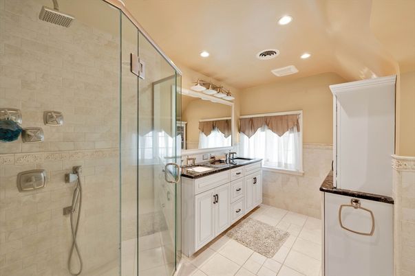 Bathroom, Dual Sink Vanities, Glass Shower, Interior, Recessed Lighting