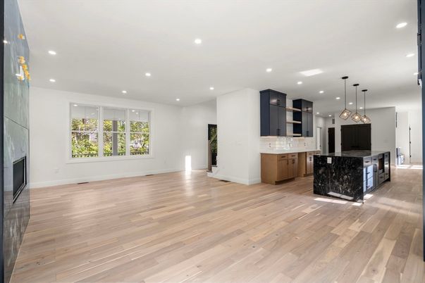 Empty room, Interior, Kitchen, Pendant Lights, Recessed Lighting, Wood Texture Flooring